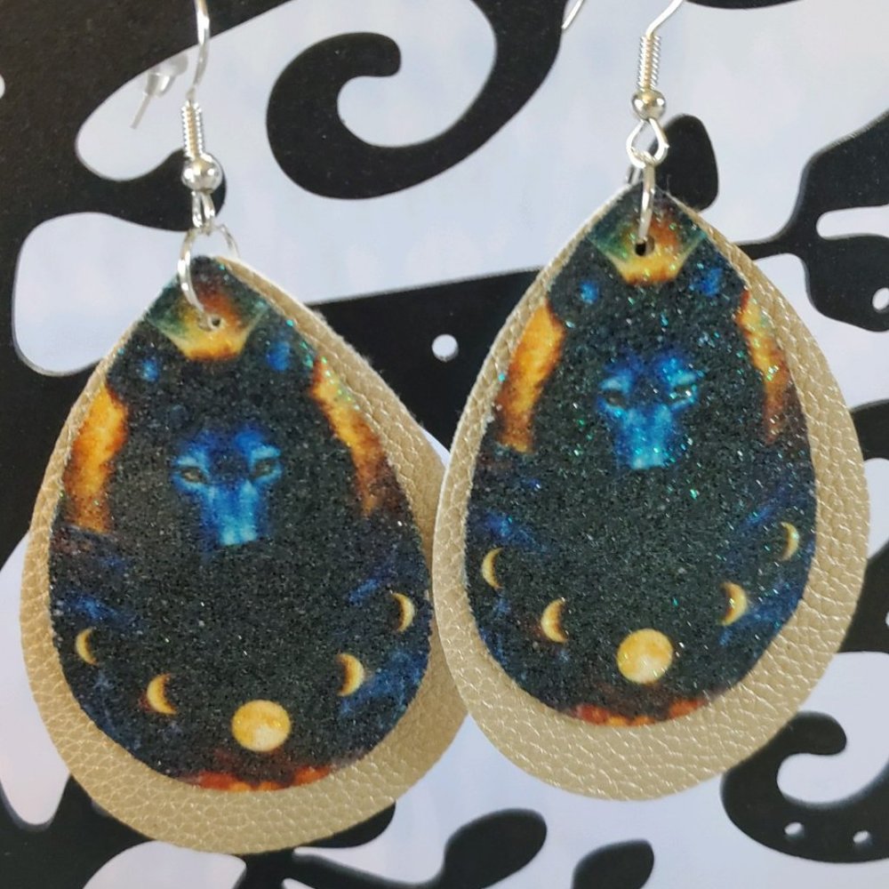 Wolf Moons Faux Leather Teardrop Earrings